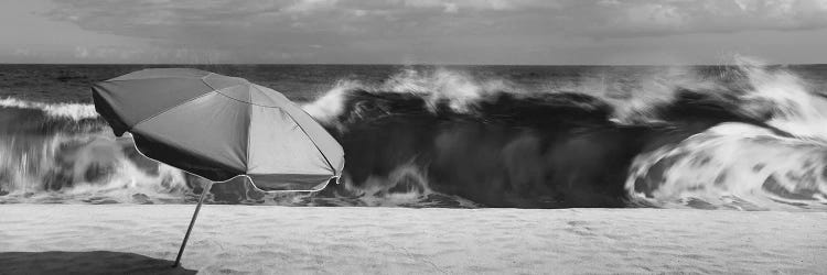 Beach Umbrella With Waves In The Background, Halawa Beach Park, Halawa Bay, Island Of Molikai, Hawaii, USA