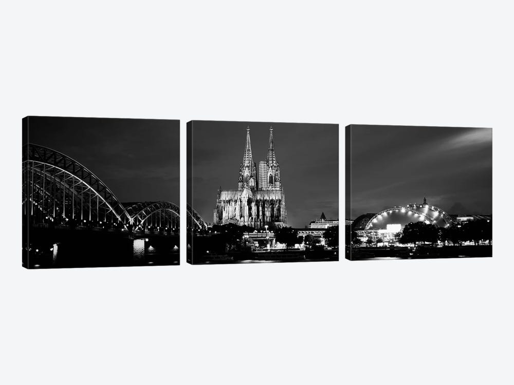 City At dusk, Musical Dome, Cologne Cathedral, Hohenzollern Bridge, Rhine River, Cologne, North Rhine Westphalia, Germany by Panoramic Images 3-piece Canvas Art Print