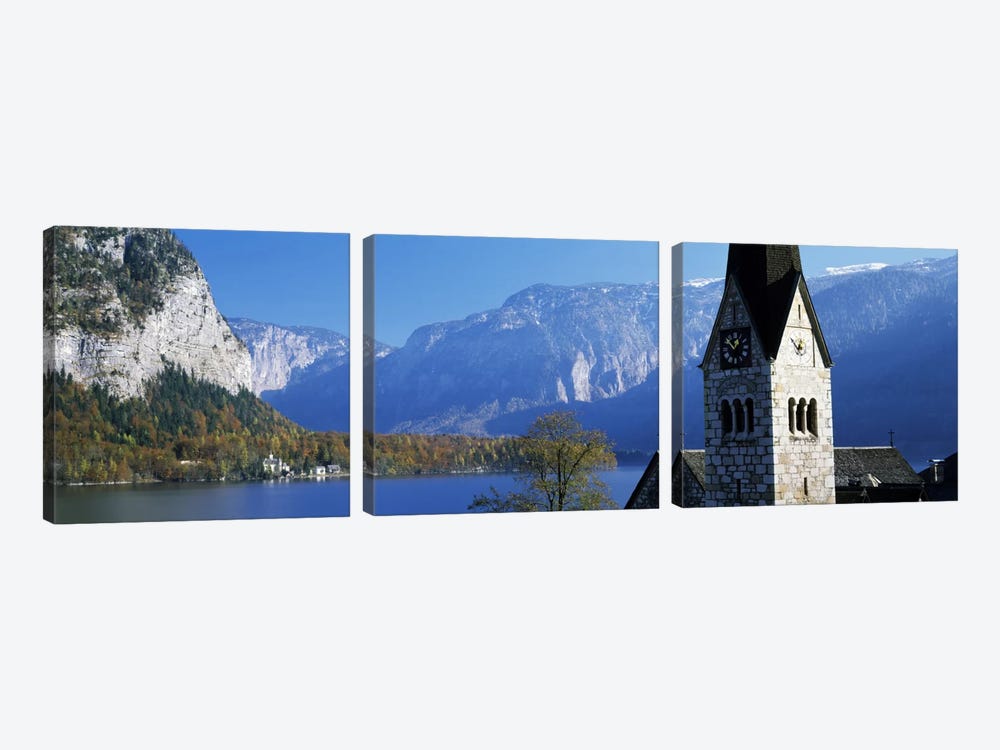 Church at the lakeside, Hallstatt, Salzkammergut, Austria by Panoramic Images 3-piece Canvas Art Print