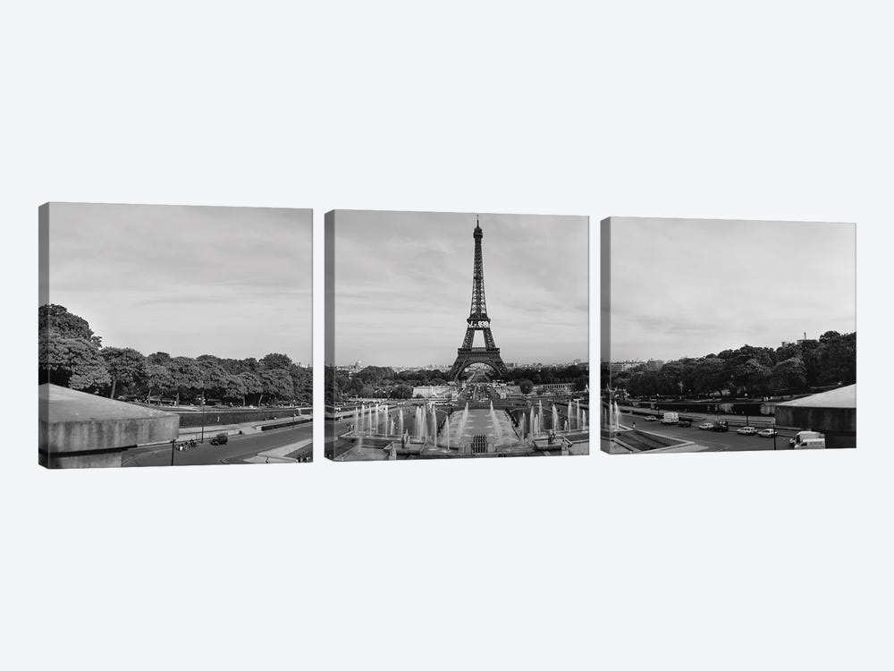 Fountain In Front Of A Tower, Eiffel Tower, Paris, France by Panoramic Images 3-piece Canvas Print