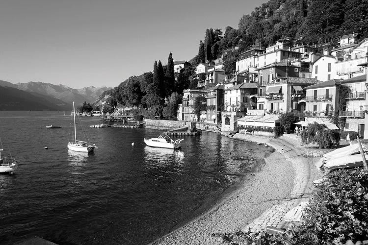 Houses At Waterfront With Boats On Lake Como, Varenna, Lombardy, Italy