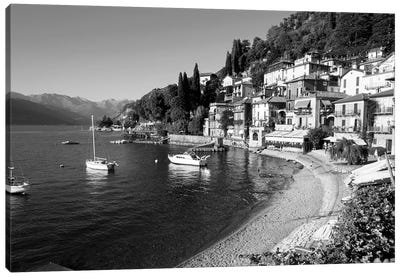 Houses At Waterfront With Boats On Lake Como, Varenna, Lombardy, Italy Canvas Art Print