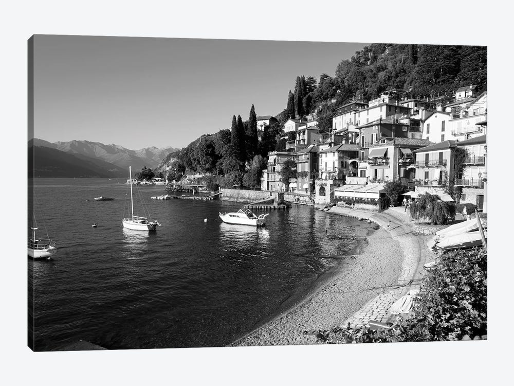 Houses At Waterfront With Boats On Lake Como, Varenna, Lombardy, Italy by Panoramic Images 1-piece Canvas Wall Art