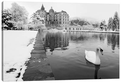 Lake In Front Of A Chateau, Chateau de Vizille, Swan lake, Vizille, France Canvas Art Print - Swan Art