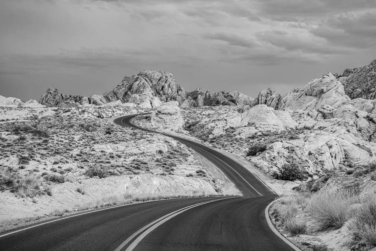 Landscape With Road And Rock Formations In Desert At Sunset, Mouses Tank Road, Valley Of Fire State Park, Nevada, USA