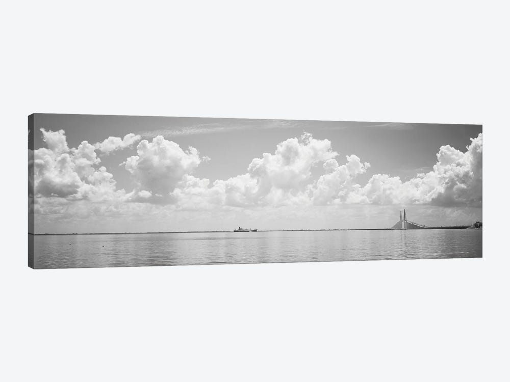 Sea With A Container Ship And A Suspension Bridge In distant, Sunshine Skyway Bridge, Tampa Bay, Gulf of Mexico, Florida, USA by Panoramic Images 1-piece Canvas Art Print