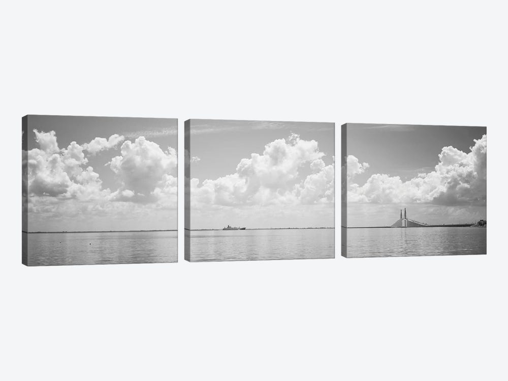 Sea With A Container Ship And A Suspension Bridge In distant, Sunshine Skyway Bridge, Tampa Bay, Gulf of Mexico, Florida, USA by Panoramic Images 3-piece Canvas Print