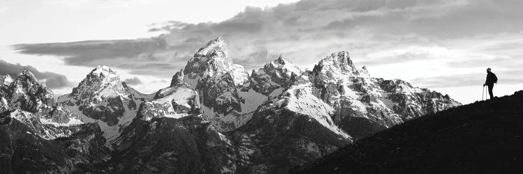 Silhouette Of Hiker Looking At Teton Range From Schwabachers Landing, Grand Teton National Park, Wyoming, USA