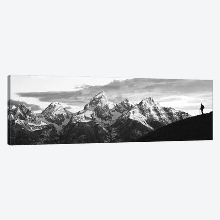 Silhouette Of Hiker Looking At Teton Range From Schwabachers Landing, Grand Teton National Park, Wyoming, USA Canvas Print #PIM16231} by Panoramic Images Art Print
