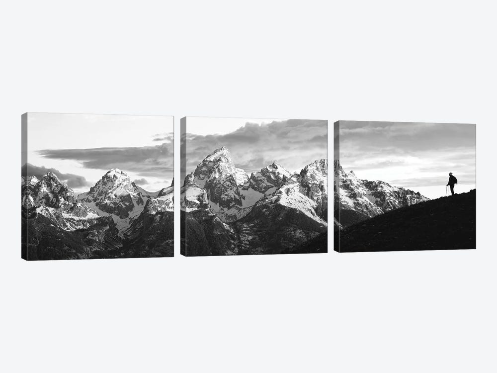 Silhouette Of Hiker Looking At Teton Range From Schwabachers Landing, Grand Teton National Park, Wyoming, USA by Panoramic Images 3-piece Canvas Art Print