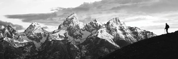 Rocky Mountains: Silhouette Of Hiker Looking At Teton Range From Schwabachers Landing, Grand Teton National Park, Wyoming, USA by Panoramic Images