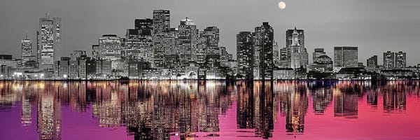 Skyline With Harbor In The Foreground And Moon Above, Color Pop, Boston, Massachusetts, USA
