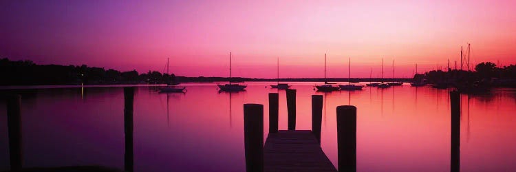 Silhouette Of Boats In A Lake At Sunset, Lake Macatawa, Holland, Ottawa County, Michigan, USA