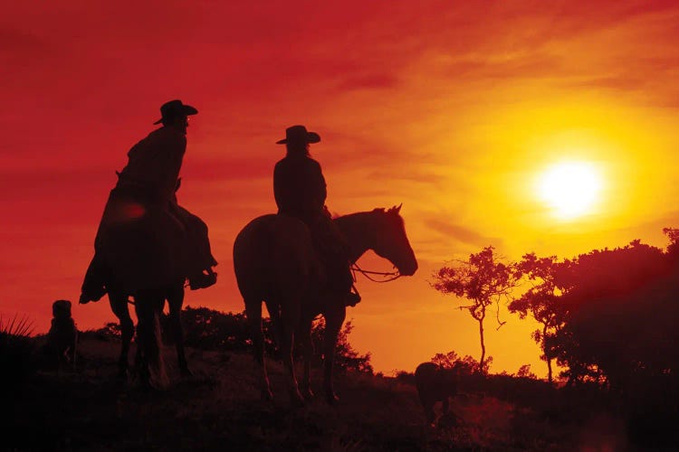 Silhouette Of Two Horse Riders At Sunset, Yo Ranch, Hunt, Kerr County, Texas, USA