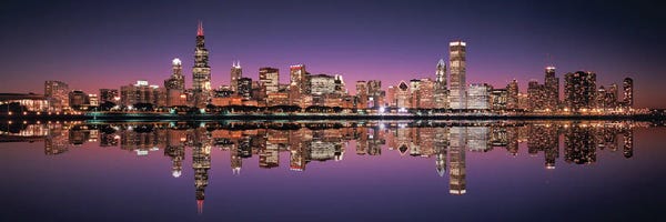 Canvas Print: Downtown Reflected In Lake Michigan, Chicago, Illinois, USA by Panoramic Images