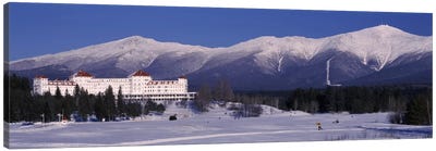 Hotel near snow covered mountainsMt. Washington Hotel Resort, Mount Washington, Bretton Woods, New Hampshire, USA Canvas Art Print