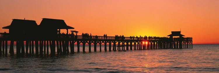 Silhouette Of Huts And A Pier At Dusk, Naples Pier, Gulf Of Mexico, Florida, USA