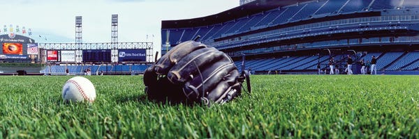 Canvas Print: Gloves And Ball On Grass, US Cellular Field, White Sox Vs Indians, Chicago, Illinois by Panoramic Images
