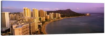 High angle view of buildings at the waterfront, Waikiki Beach, Honolulu, Oahu, Hawaii, USA Canvas Art Print - Coastline Art