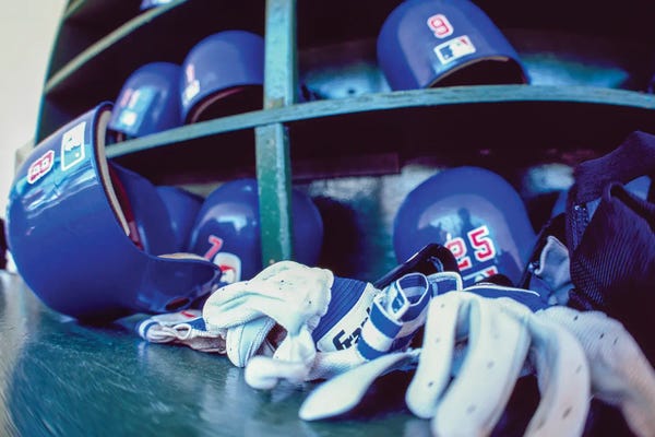 Stadiums: Cubs Gloves And Helmets, Cubs Vs Phillies, Wrigley Field, Chicago, Illinois, USA, July 31, 2003 by Panoramic Images