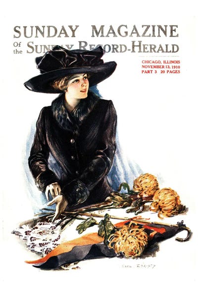 Woman In Fur Trimmed Coat For A Sports Game Putting On Gloves Cover Sunday Magazine, November 13, 1910 by Panoramic Images art print