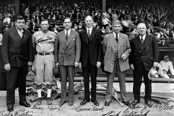 Babe Ruth: Baseball Luminaries, Babe Ruth, Gabby Street, Connie Mack, Nick Altrock, John McGraw At A Baseball Stadium by Panoramic Images