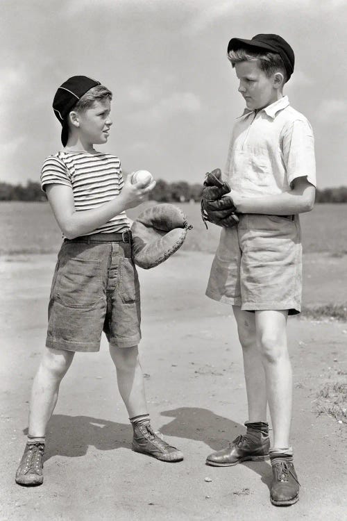 Sand Lot Baseball Two Pre-Teen Brothers Catcher Holding Ball Talking To Pitcher
