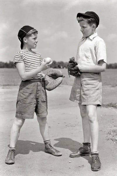 Sand Lot Baseball Two Pre-Teen Brothers Catcher Holding Ball Talking To Pitcher