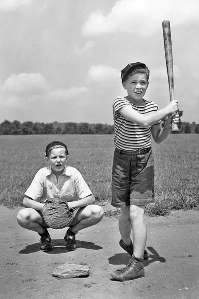 Two Boys Batter And Catcher Playing Sandlot Baseball