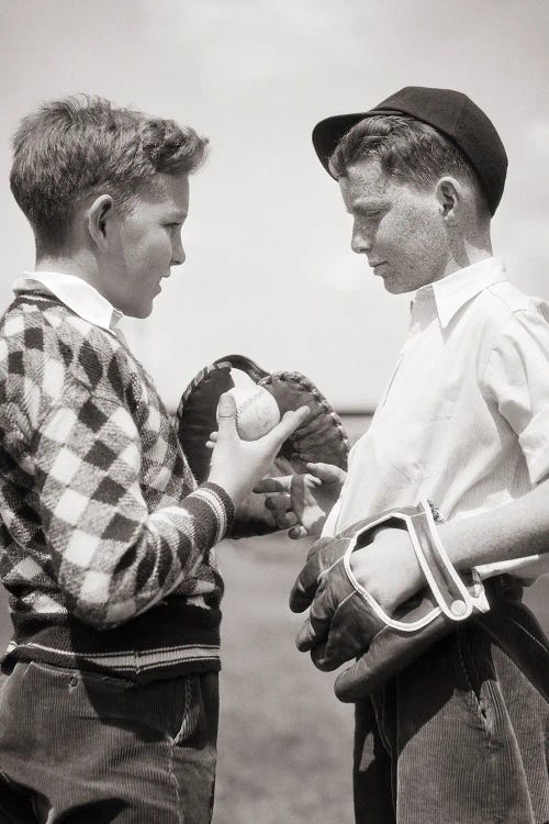 Two Boys Talking Playing Baseball Catcher Giving Ball And Advice To Frowning Pitcher On Right