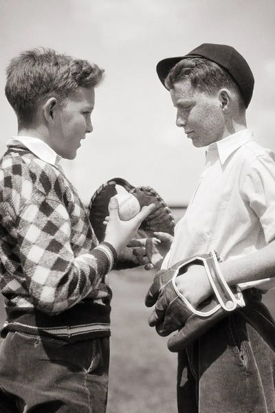 Two Boys Talking Playing Baseball Catcher Giving Ball And Advice To Frowning Pitcher On Right
