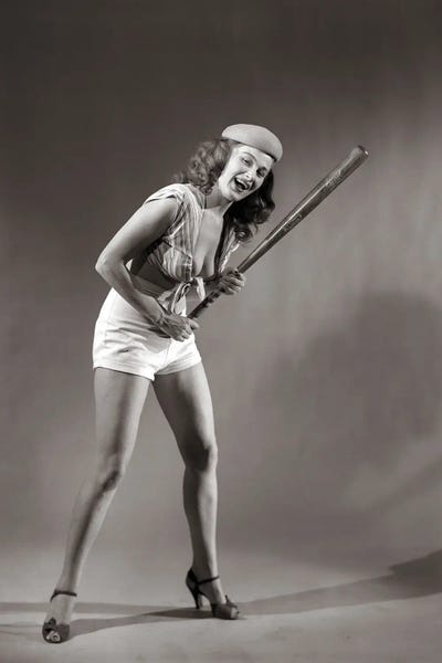 Fine Art Print: 1940s 1950s Smiling Woman Pinup Holding Baseball Bat by Panoramic Images