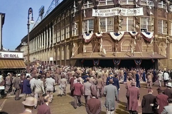 Canvas Print: 1940s October 1947 Dodger Baseball Fans Pour Into Main Entrance Ebbets Field Brooklyn, NYC, USA by Panoramic Images