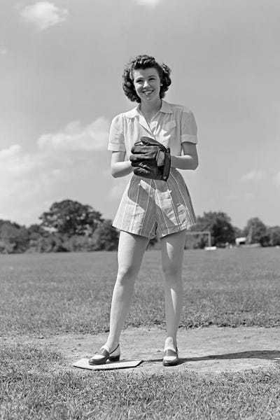 Fine Art Print: 1940s Smiling Teen Girl Standing On Pitchers Mound Soft Ball Glove Mitt On Her Hand Softball by Panoramic Images