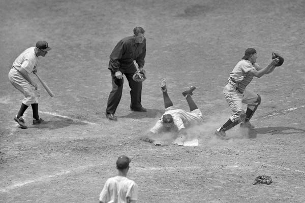 Athletes & Coaches: 1950s 1960s Baseball Player Safe At Home Plate Catcher In Front Of Plate by Panoramic Images