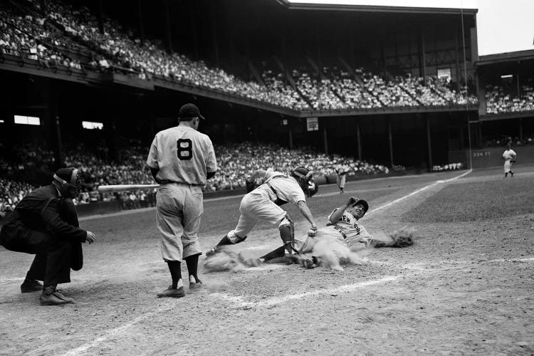 1950s Baseball Game Umpire And Batter Watch As Runner Slides In Trying To Steal Home