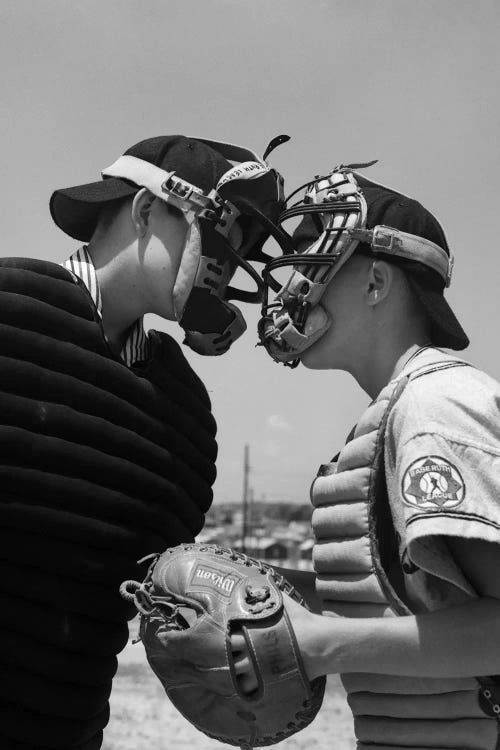1950s Boys In Baseball Uniforms Face To Face Arguing Umpire And Catcher