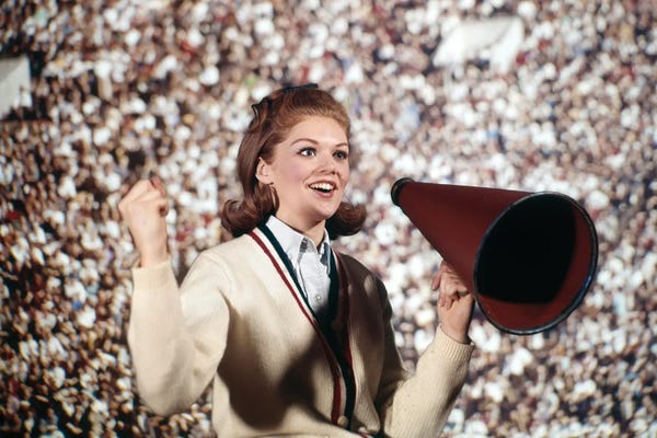 1960s Female Cheerleader Cheering Red Megaphone Wearing Sweater