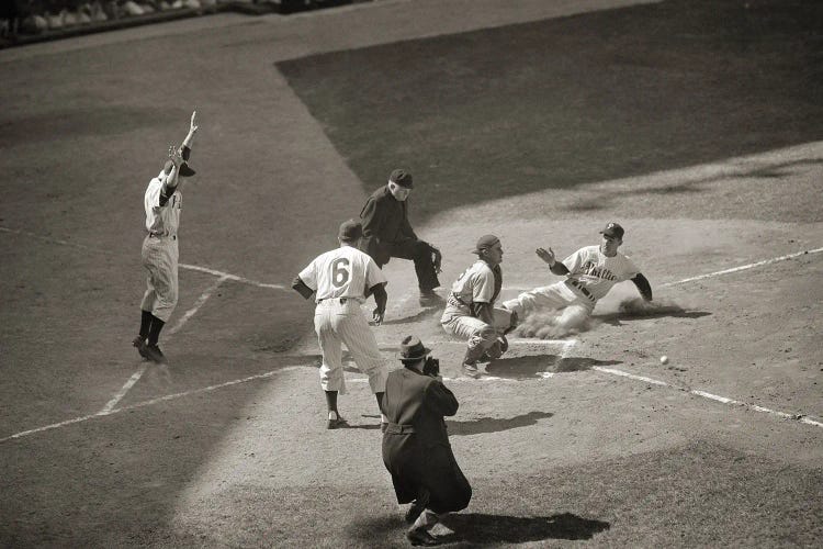 April 16, 1950 Baseball Game Brooklyn Dodgers & Philadelphia Phillies Player Sliding Into Home Plate