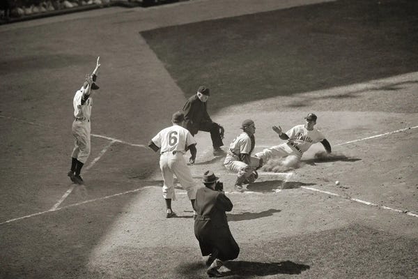 Athletes & Coaches: April 16, 1950 Baseball Game Brooklyn Dodgers & Philadelphia Phillies Player Sliding Into Home Plate by Panoramic Images