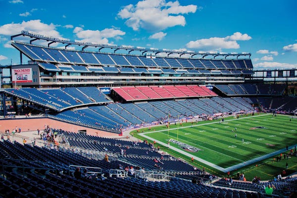 Elevated View Of Gillette Stadium, Home Of Super Bowl Champs, New England Patriots, NFL Team, Boston, Ma