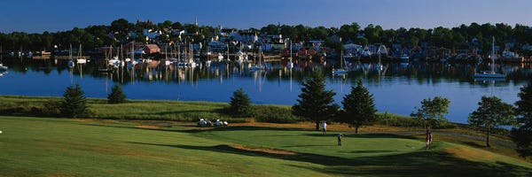 Nova Scotia: High Angle View Of Four People Playing Golf At A Golf Course,Lunenburg Harbor, Nova Scotia, Canada by Panoramic Images