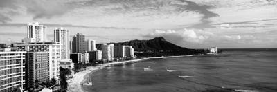 Buildings at the coastline with a volcanic mountain in the background, Diamond Head, Waikiki, Oahu, Honolulu, Hawaii, USA #2 by Panoramic Images framed canvas print