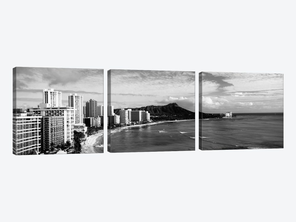 Buildings at the coastline with a volcanic mountain in the background, Diamond Head, Waikiki, Oahu, Honolulu, Hawaii, USA #2 by Panoramic Images 3-piece Canvas Artwork