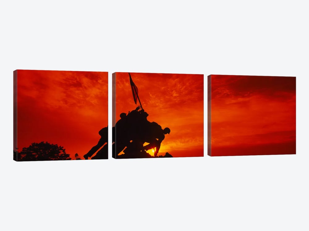 Silhouette of statues at a war memorial, Iwo Jima Memorial, Arlington National Cemetery, Virginia, USA by Panoramic Images 3-piece Canvas Print