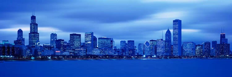 View Of An Urban Skyline At Dusk, Chicago, Illinois, USA