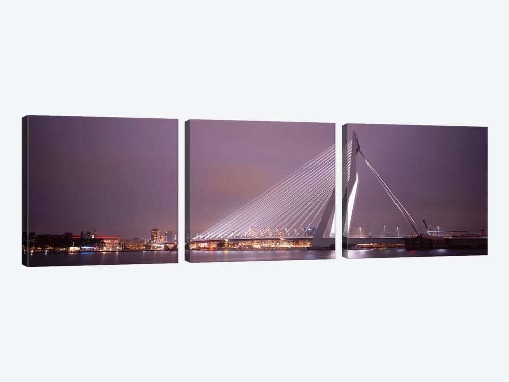 Illuminated Erasmus Bridge At Night, Rotterdam, Netherlands by Panoramic Images 3-piece Canvas Art