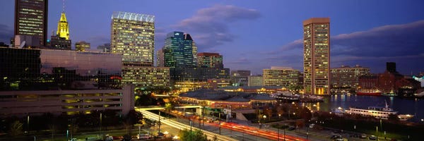 Maryland: High angle view of a cruise ship docked at a harbor, Inner Harbor, Baltimore, Maryland, USA by Panoramic Images