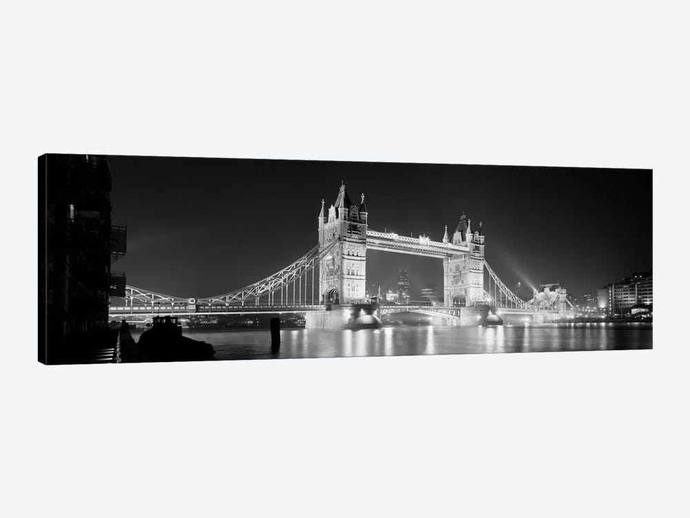 Low angle view of a bridge lit up at night, Tower Bridge, London, England (black & white) by Panoramic Images 1-piece Canvas Artwork