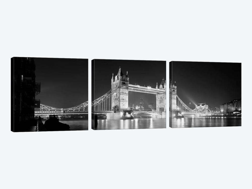 Low angle view of a bridge lit up at night, Tower Bridge, London, England (black & white) by Panoramic Images 3-piece Canvas Art